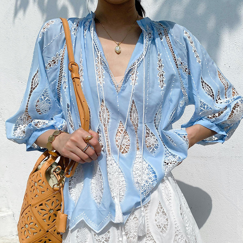2026 Summer Women's Vacation Style French Embroidered Top Beach Vacation Blouse Shenzhen Nanyou Shirt Women's Summer Wear