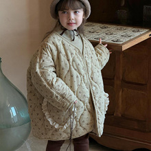 尖子蛋韩系童装2024冬季新款女童外套复古碎花长款棉衣宽松薄棉袄