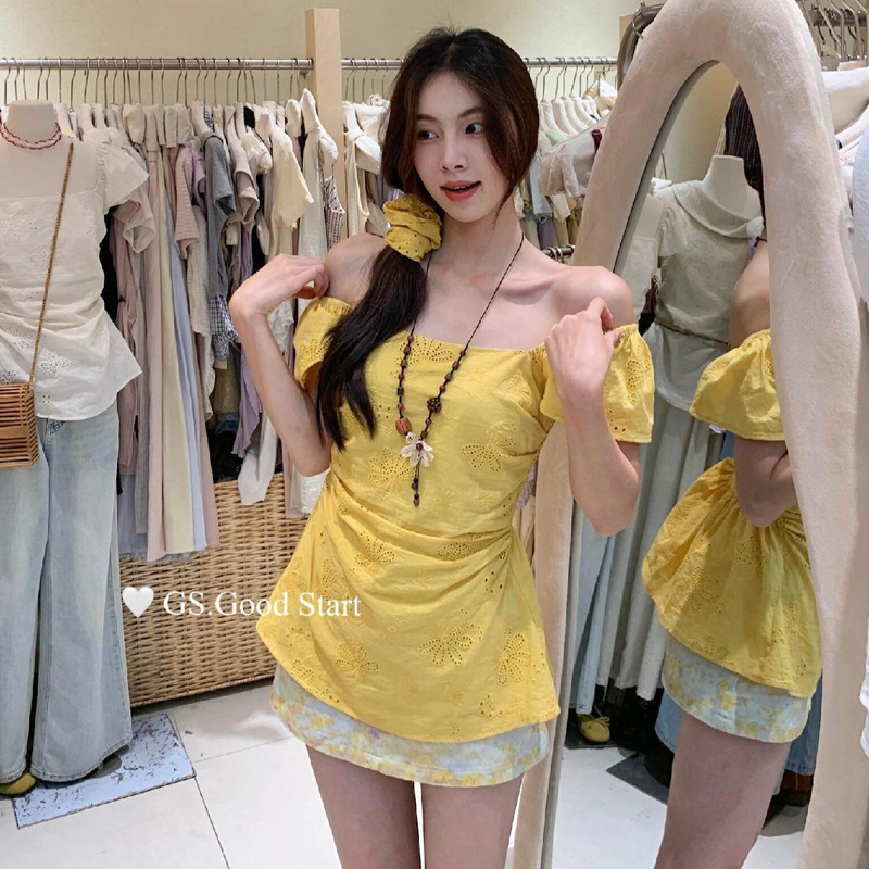 Clearance Sale, No Returns or Exchanges. Korean Style Pure and Desirable Gentle Temperament Jacquard Slim-Fit Waist-Cinching Slimming Blouse for Women (with Hair Tie)
