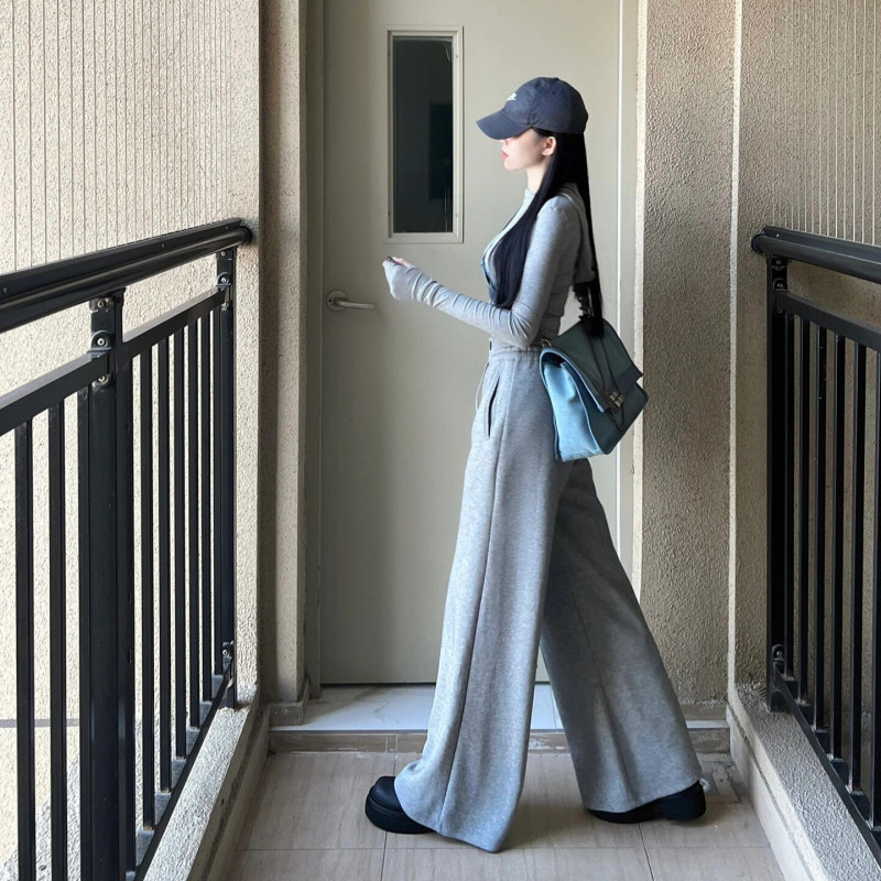 灰色のひもの広い足のズボンの女性の2024年の春の高い腰のまっすぐな筒の怠惰な風のゆったりしているレジャーのスポーツの衛のズボン|undefined
