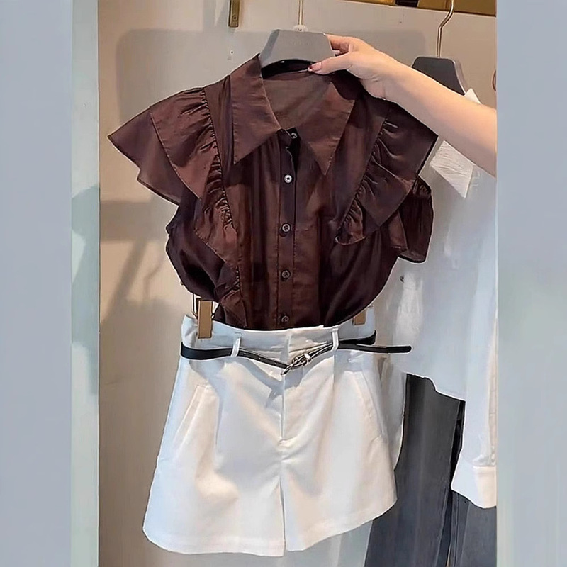 ユニークで美しい夏の薄手のトップス、フランスのハイエンドデザイン、軽い高級感、年齢軽減、西洋風のキャラメルカラーフリルシャツ|undefined