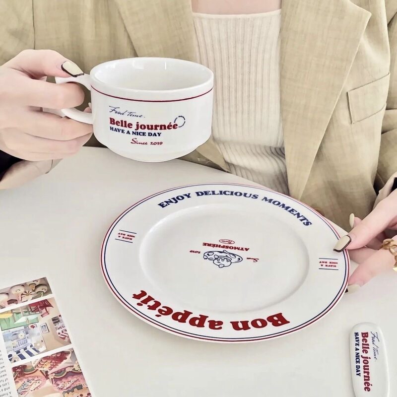 Red and Blue Lettered Dessert Plate for Home Use, Afternoon Tea Plate, Western-Style Plate, Instagram-Style English Plate, High Aesthetic Plate