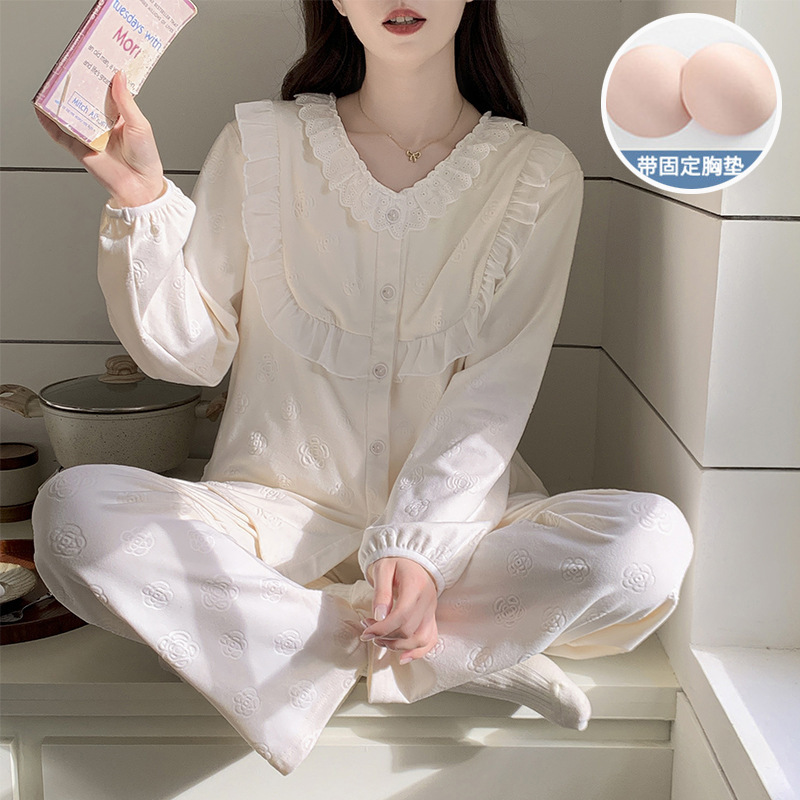 德绒睡衣女款带胸垫秋冬季加厚花边开衫长袖韩版公主风家居服套装|undefined