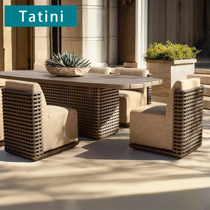 Mesa y silla de patio al aire libre Jardín al aire libre Mesa de ocio Hotel Resort Restaurante Mesa larga de aleación de aluminio de alta gama