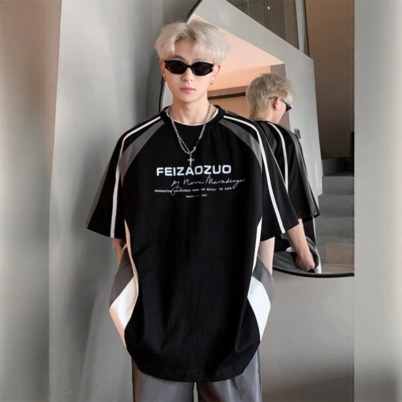 Men's Short-Sleeve T-Shirt 2026 Summer American High Street Trendy Brand Cool Biker Style Striped Patchwork Loose Half-Sleeve Clothing