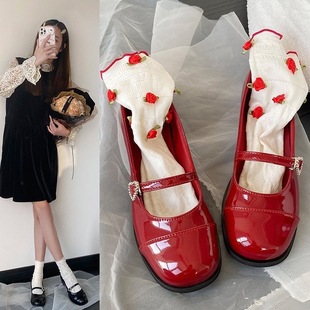 Internet Celebrity Retro Red Thick-Heeled Small Leather Shoes for Women 2025 New Spring & Fall French Style Small Fragrant Mary Jane Fashion Shoes