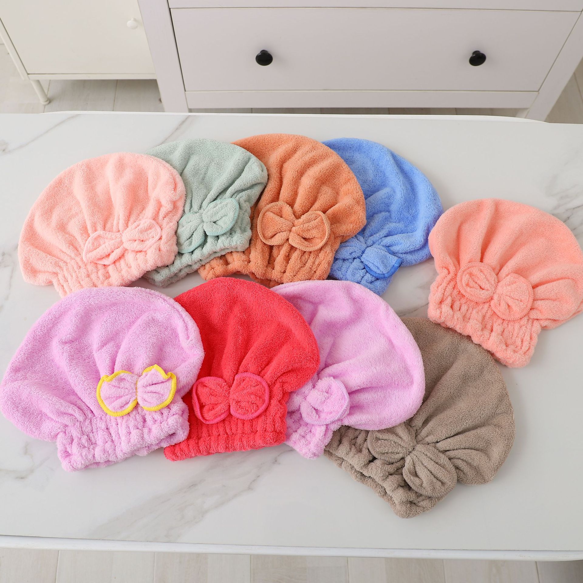 2024 New Simple Coral Fleece Bow Hair Dry Hat Soft Absorbent Hair Dry Towel Solid Color Shower Cap