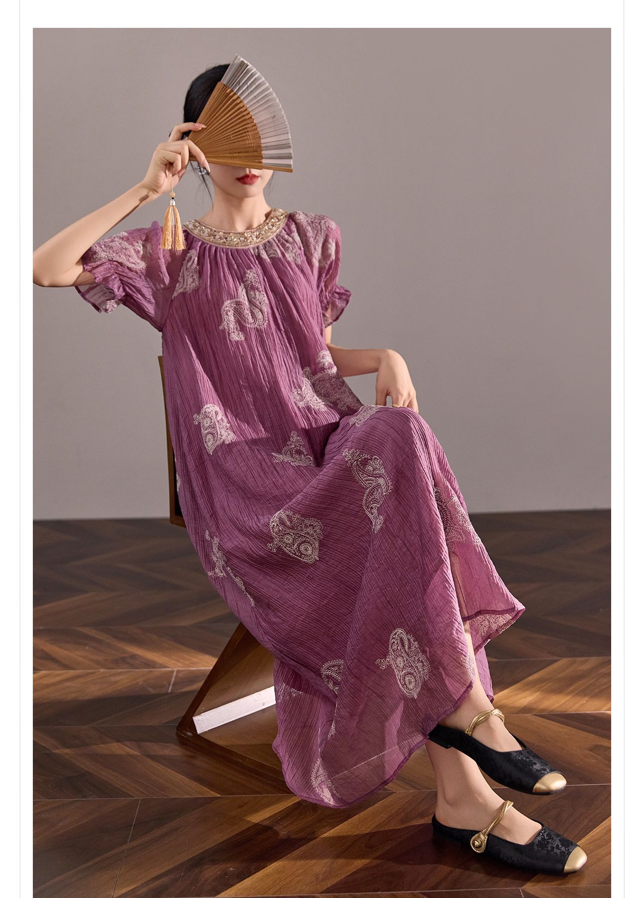 Đầm maxi nữ thêu họa tiết Chinoiserie cao cấp phong cách mới — Tím chi tiết 7