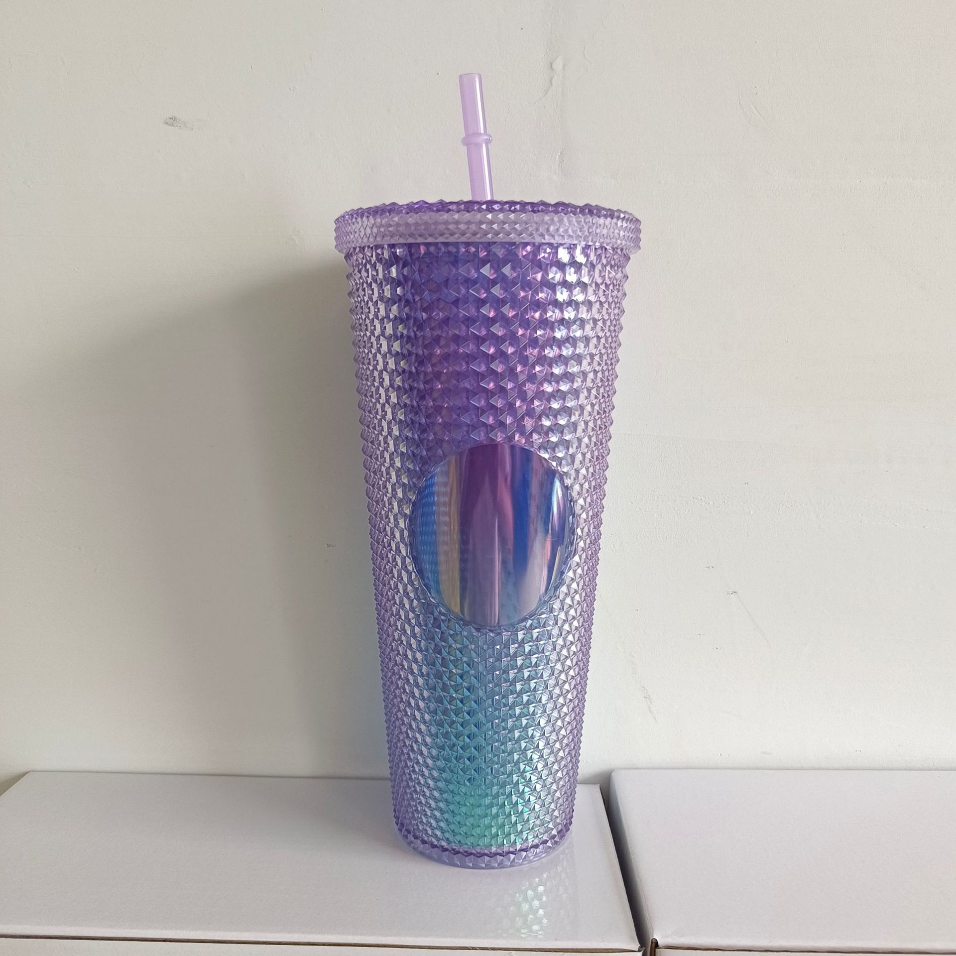 Taza de Plástico de Doble Capa 710ml, con Sorbete, Diseño Diamante/Durian, Transfronteriza