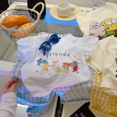 女の子半袖 Tシャツ純綿夏 2025 新しいスタイル子供の漫画白甘いベビートップス子供服