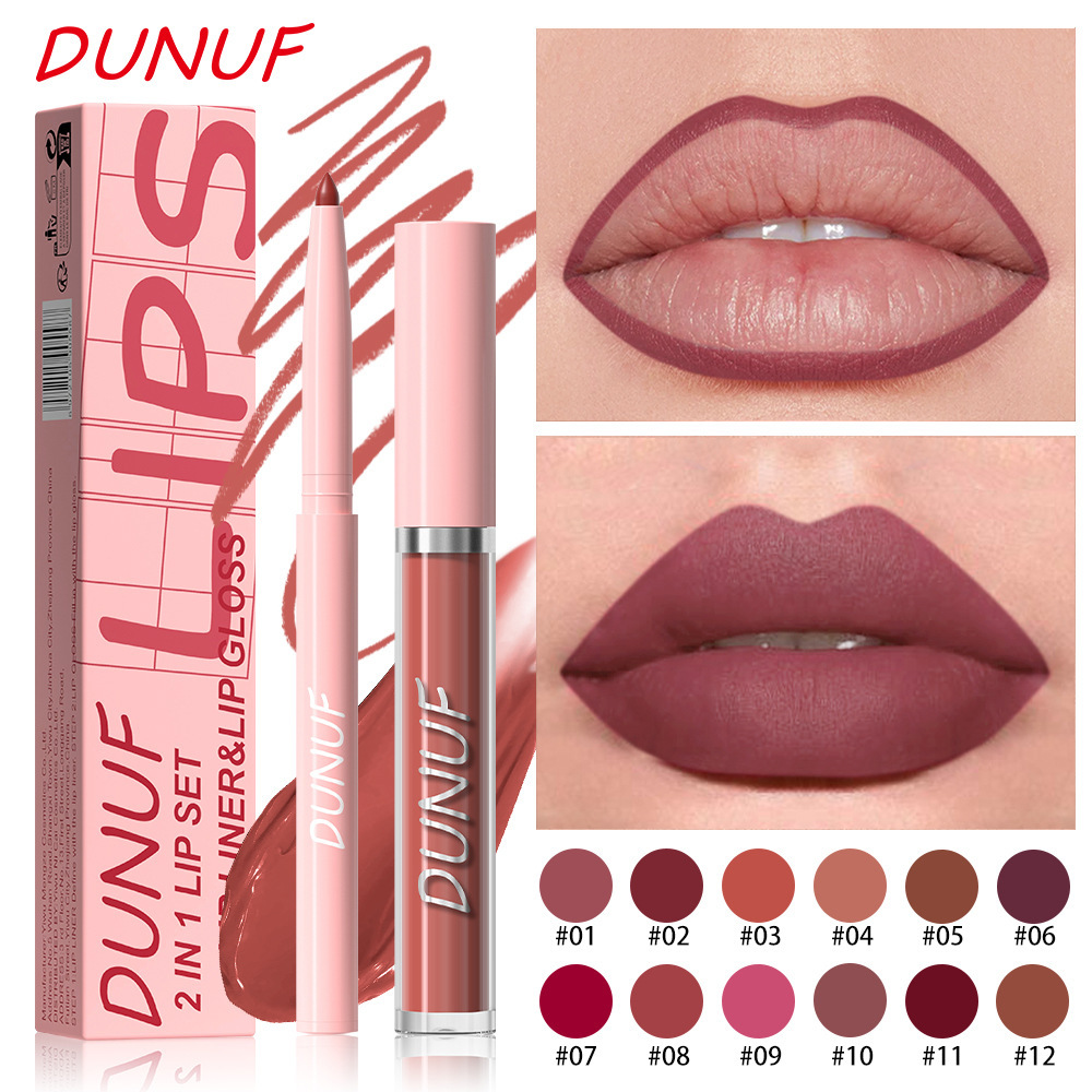DUNUF2 in 1 Lip Liner Lip Gloss Color-holding Lip Glaze Velvet Matte Not Easy to Take off Makeup Nude European and American Cross-border Makeup