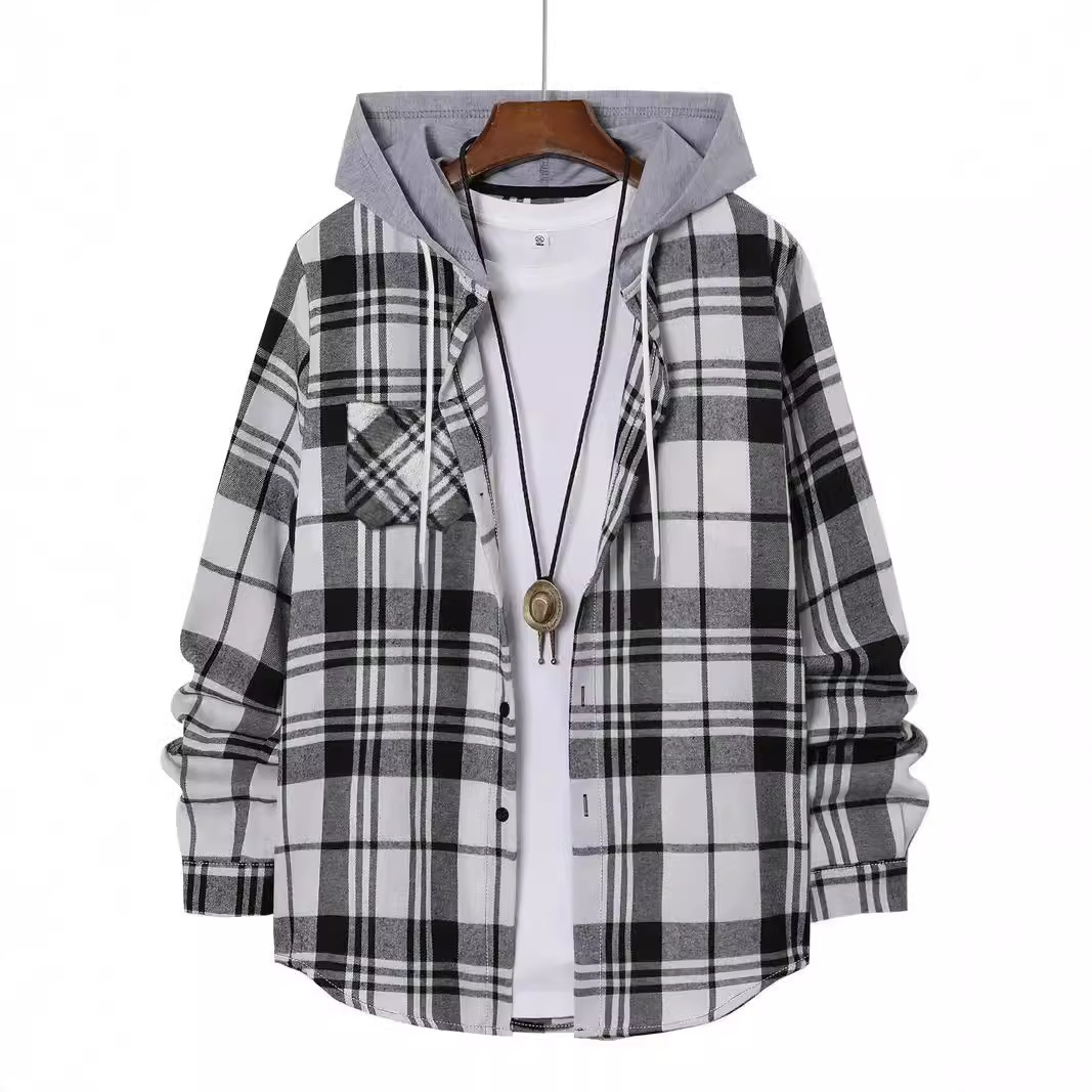 Monochrome Man- Cross-Border European American Men's Spring And Autumn Casual Cotton Blend Hooded Long-Sleeve Plaid Shirt_voghion.com