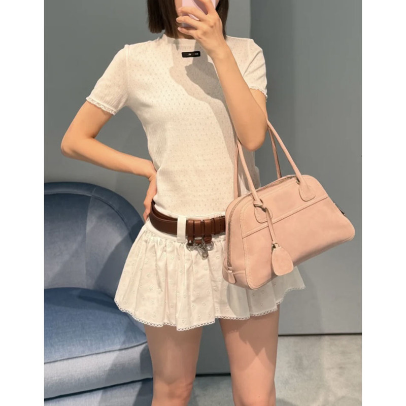 Mm Lace Lettered Trim Short-Sleeve T-Shirt, Summer 2026 Simple Solid Color Ribbed Knit Stretch Top for Women