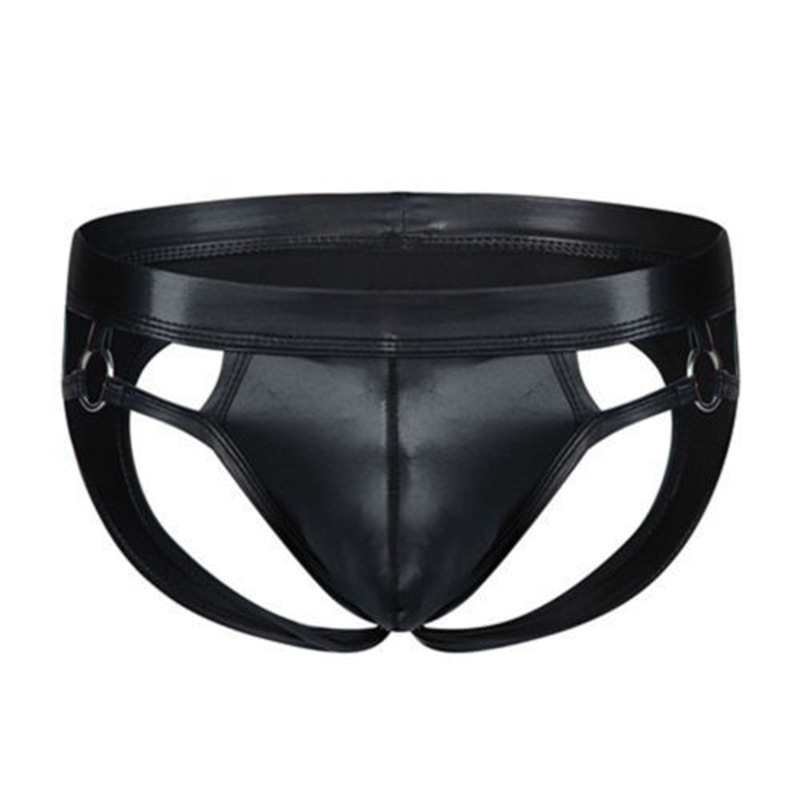 Cross-Border Men's Sexy Underwear with Exposed Buttocks, Imitation Leather Low-Waist Briefs, Performance Hollow European and American Patent Leather Sexy Underwear