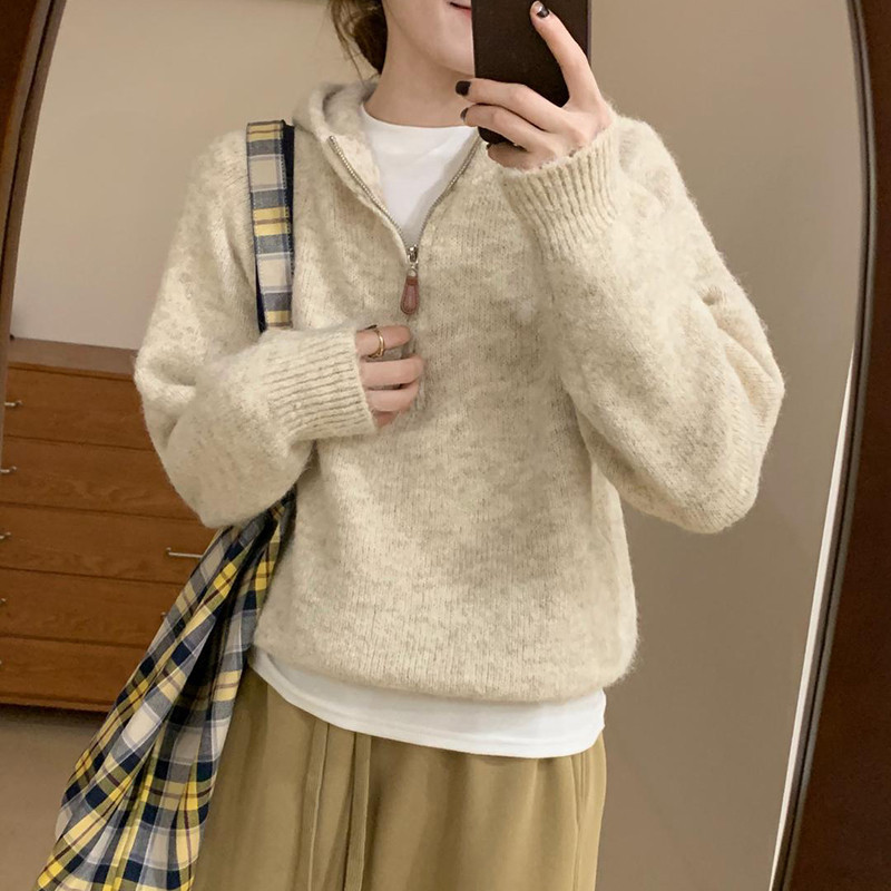 设计感半拉链套头连帽毛衣女秋冬新款韩系宽松纯色软糯气质针织衫|undefined