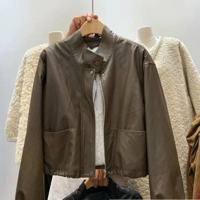 Korean Style Stand-Up Collar Plus Plush Lining Leather Jacket for Women Winter Handsome Drawstring Waist Motorcycle Jacket Thickeneded Warm Jacket