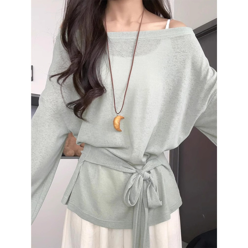 Korean Style Lazy Style Strappy Waist Long-Sleeved T-Shirt for Women Summer Thin Sun Protection Blouse Design Long-Sleeved Top Trendy