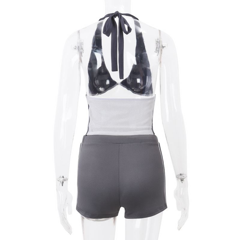 ChicShe ChicShe ChicShe S47H4442 Luźny sportowy top z siateczki z dekoltem w serek i halterem, damski, lekki, seksowny zestaw szortów_voghion.com