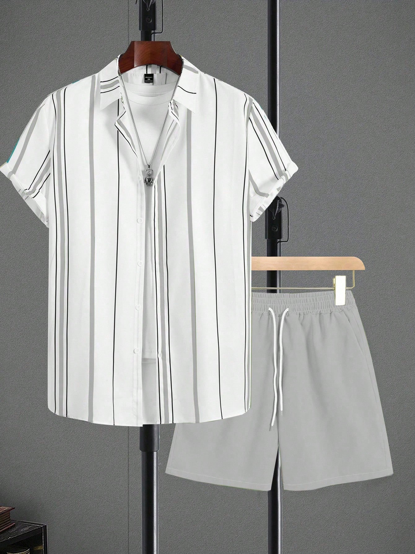 Lässiges Herren-Hawaiihemd-Set, Sommermode, Kurzarm, 3D-Streifenmuster, zweiteilig_voghion.com