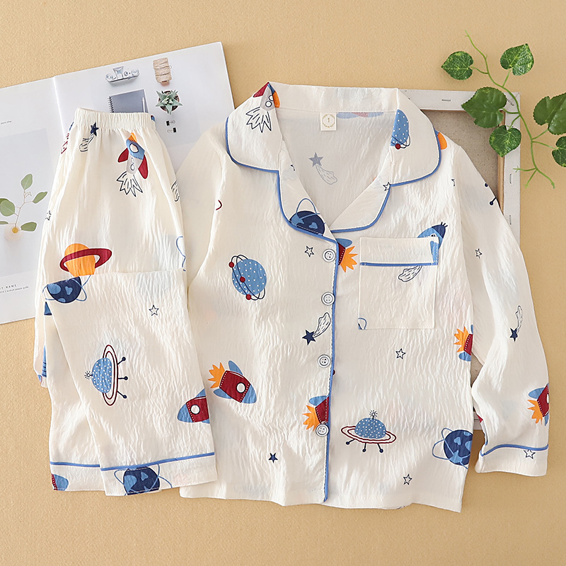 Spring and Autumn Children's Pajamas Boys Cloud Cotton Small, Medium and Large Children's Long Set Lapel Suit Home Clothes Factory Wholesale