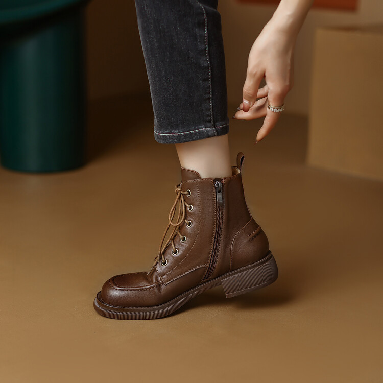 Genuine Leather Thick-soled Martin Boots Women's Lace-up Spring and Autumn Single Boots Side Zipper British Vintage Short Boots plus size Women's Boots 41-43