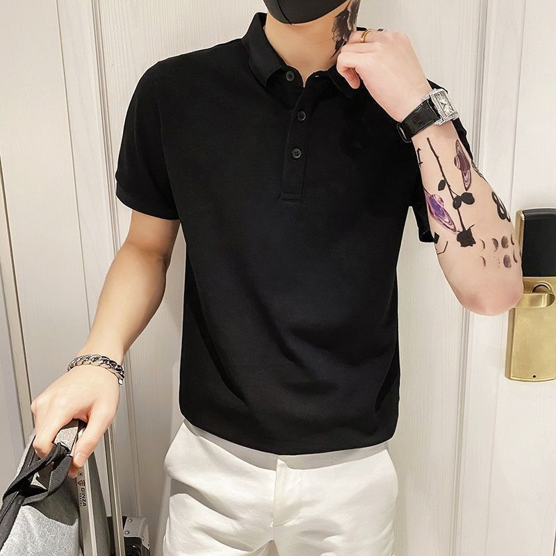 Trendy Short-Sleeve Summer Men's Polo Shirt Retro Slim-Fit Polo Shirt Stylish Internet Celebrity Simple Turn-Down Collar Trendy Solid Color