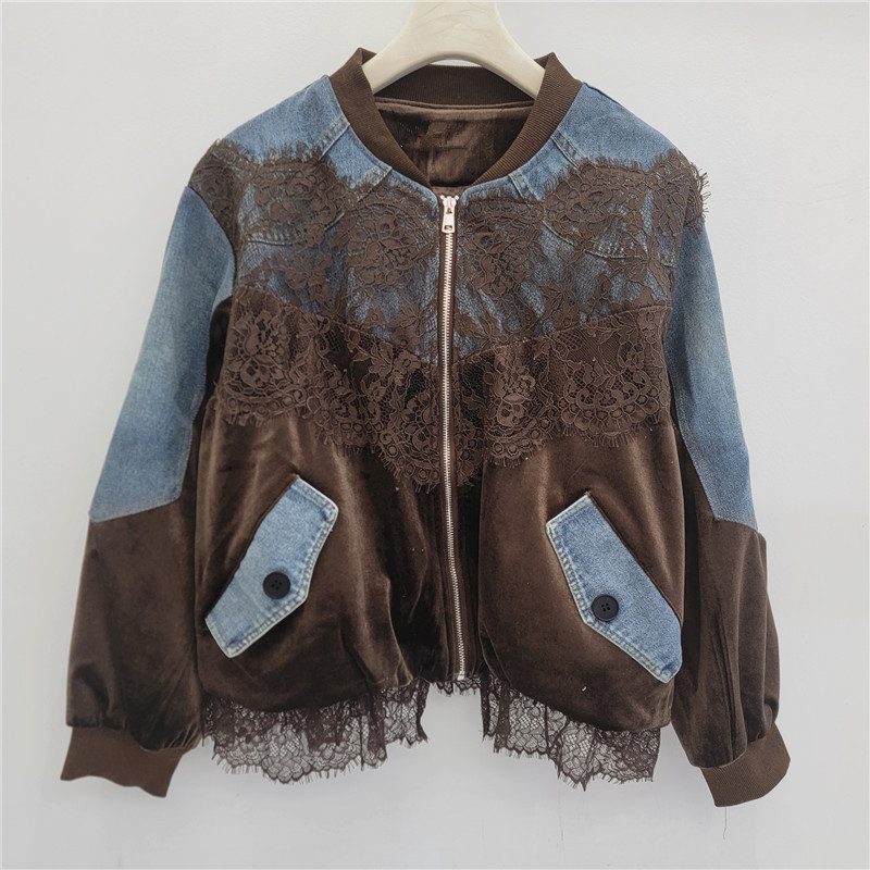 2026 primavera nuevo diseño de encaje de moda sensación suelta chaqueta denim de terciopelo de moda