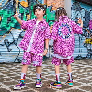 Children Rapper singer puple pink leopard jazz dance costumes for girls boys Hip hip street dance outfits boys short sleeve shirt girl jazz dance costumes hip-hop tide