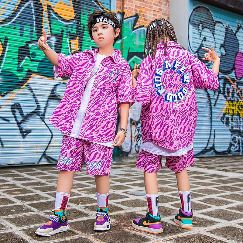 Children Rapper singer puple pink leopard jazz dance costumes for girls boys Hip hip street dance outfits boys short sleeve shirt girl jazz dance costumes hip-hop tide