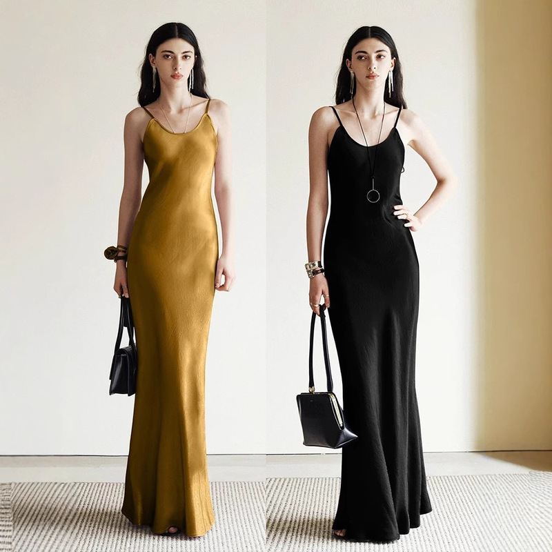 100% Pleated Imported Acetate Satin Bias-Cut Slim-Fit Luxury High-End Camisole Dress for Spring and Summer, Long Style