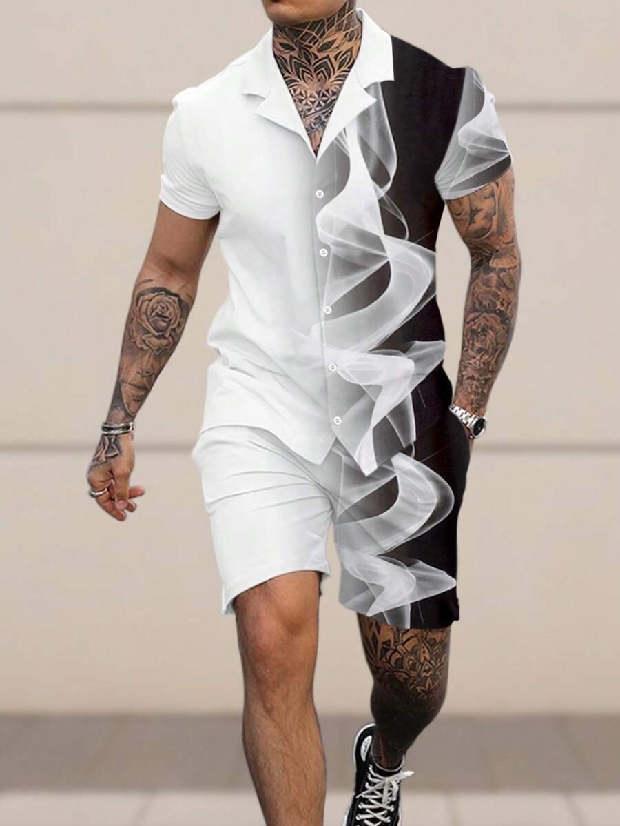 Transfronterizo 2024 nuevo estilo Amazon moda europea y americana casual todo fósforo manga corta cuello cubano pantalones cortos traje MB05 MA1