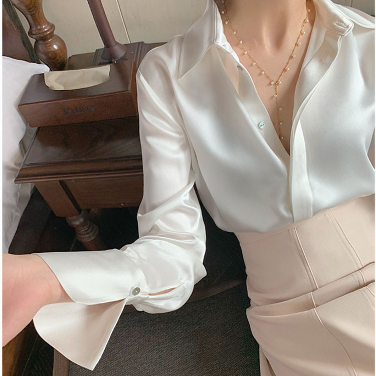 2026 French-Style Elegant Long-Sleeve Niche Satin Shirt New Design V-Neck Silk Acetate White Shirt for Women Spring