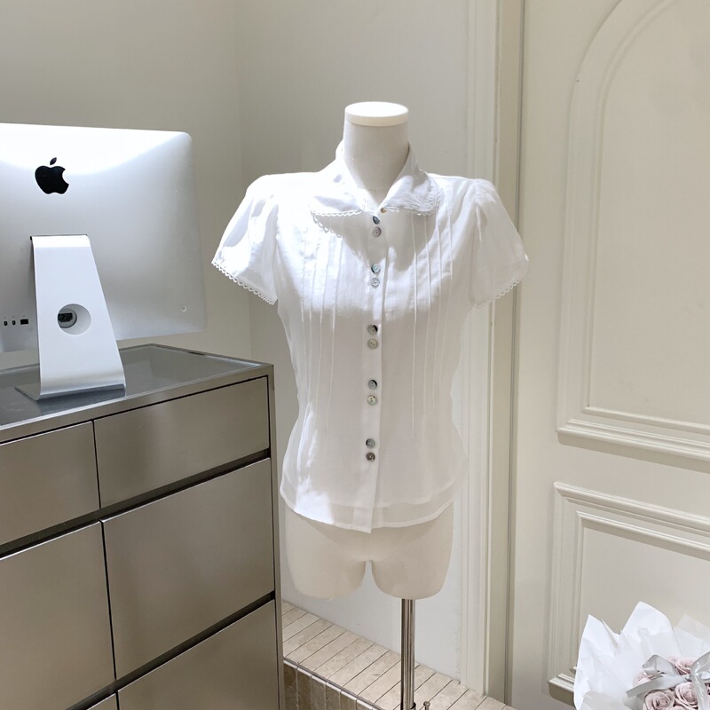 Summer Tencel Waist-Cinching White Doll Collar Shirt for Women with Puff Sleeves and Lace Splicing Summer Tencel Waist-Cinching White Doll Collar Shirt for Women with Puff Sleeves and Lace Splicing