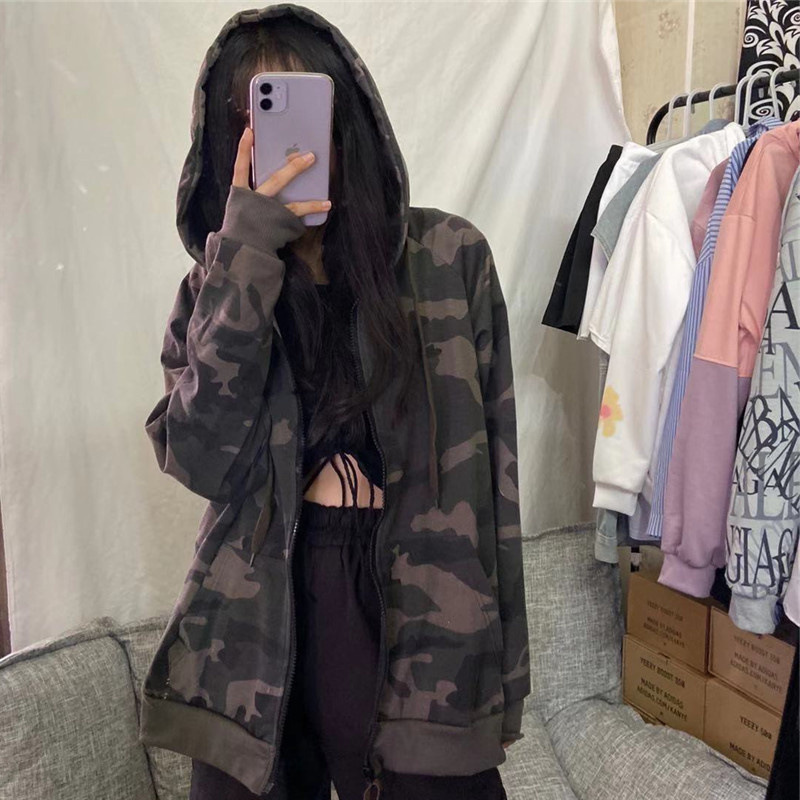 T15 [Official] Cardigan Hooded Camouflage Jacket Women's Popular Style Lazy Top Trendy INS