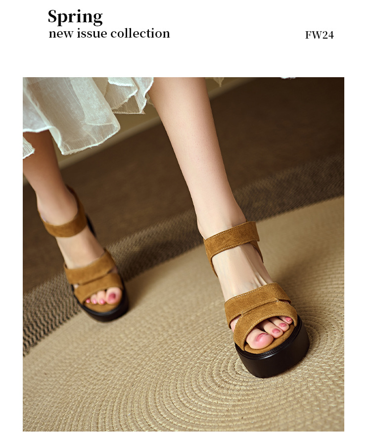 Sandal cao gót nữ mũi hở, đế xuồng bọc da lộn, quai ngang khóa dán, gót 9 cm — Nâu vàng, màu đen chi tiết 10