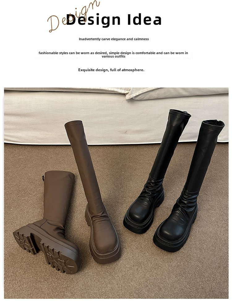 Moteriški storapadiai platforminiai aulinukai iki kelių 2023 m. rudens ir žiemos madingi klostuoti aulinukai iki kelių, ploni, elastingi aulinukai_voghion.com