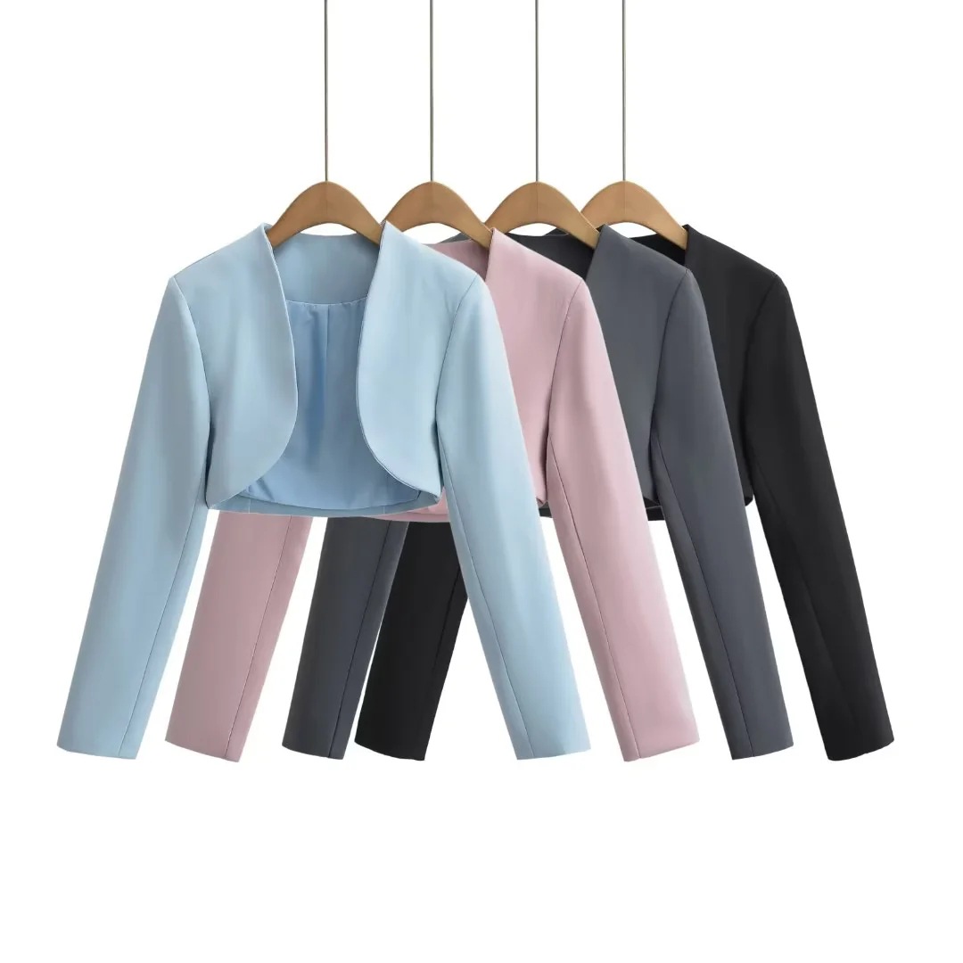 Short European and American Style Shawl Collarless Suit Jacket Women's Blouse Spring and Autum New Layered Small Waistcoat Outer Cardigan