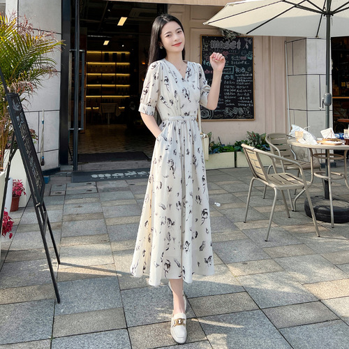 Summer temperament casual retro medium and long V-neck short sleeve waist waist floral Hong Kong style design Chiffon long dress