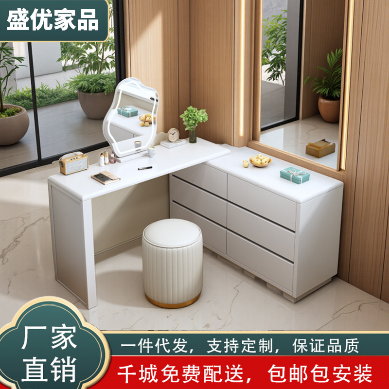 Nordic Solid Wood Dressing Table with Integrated Vanity Mirror, Bedroom Corner Storage, and Extendable Desk