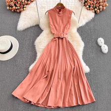 跨境轻熟风超仙气质森系大摆a字长裙时尚无袖高腰显瘦百褶连衣裙