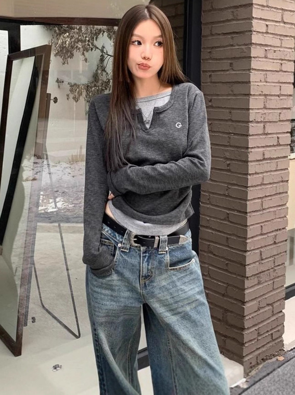 外贸新款假两件褶皱设计长袖T恤女秋冬时尚修身百搭打底上衣女T潮|undefined