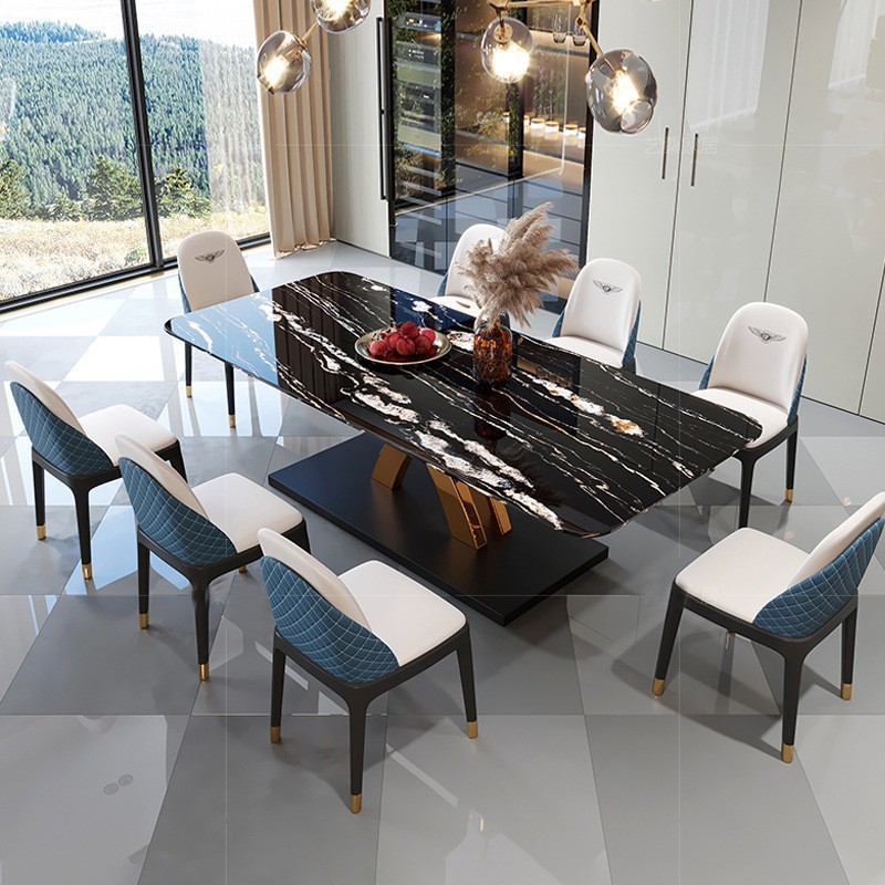 Mesa de comedor de tabla de roca de lujo ligera y combinación moderna y simple, mesa de comedor rectangular creativa para hogares pequeños