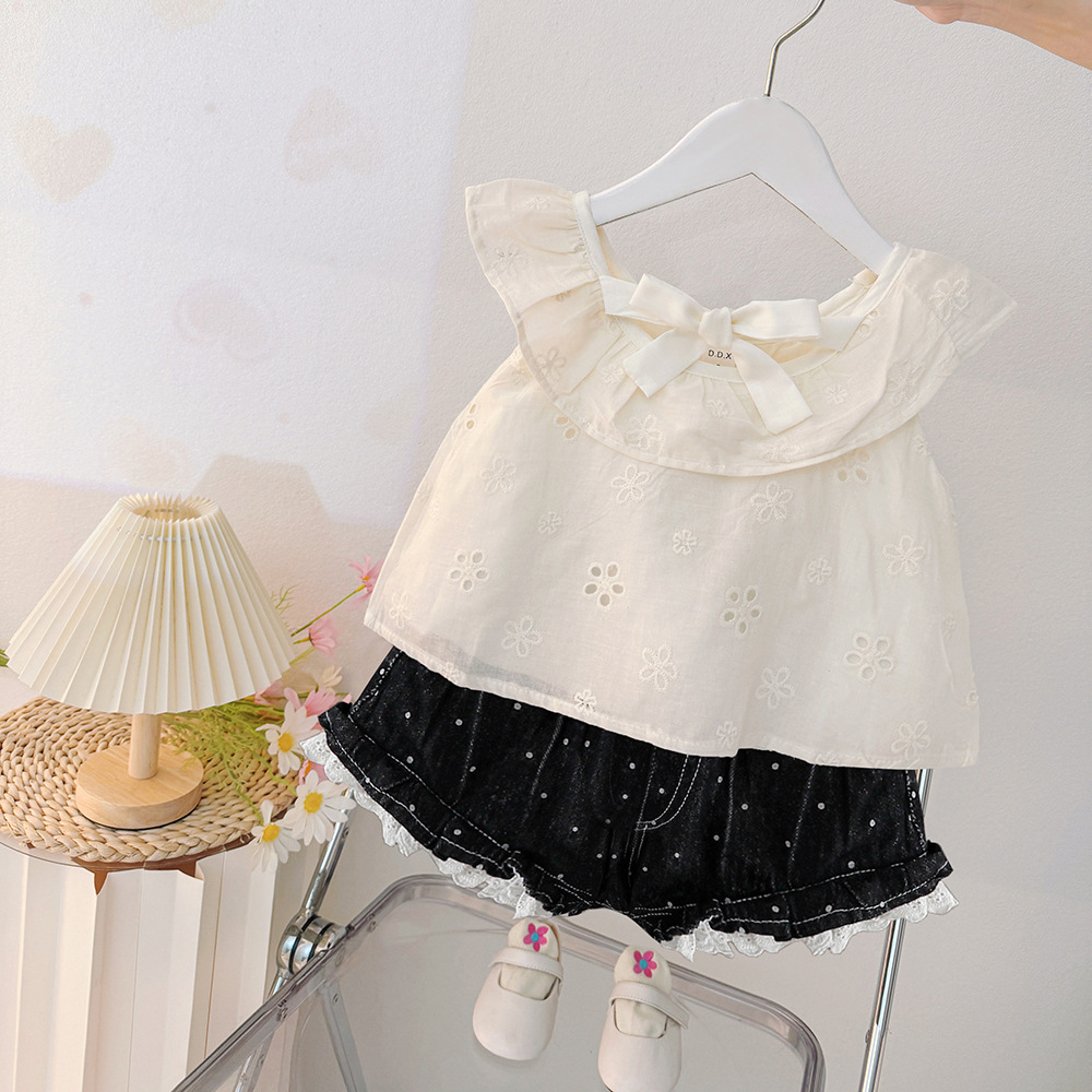 Live supply 2025 summer new fashion two-piece children's sweet Denim pants wholesale foreign trade