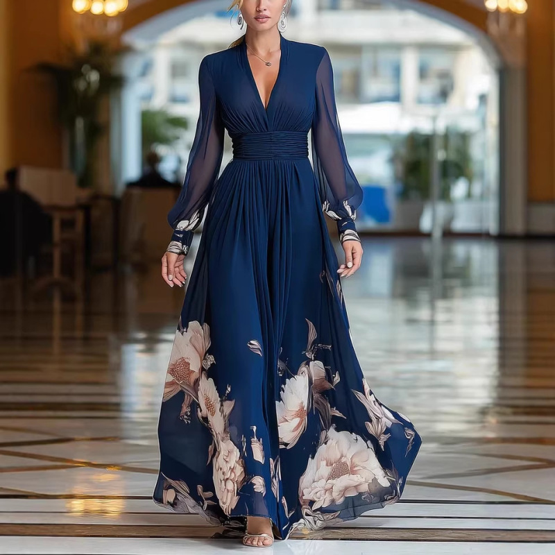 2026 Aliexpress Long Mesh Patchwork French-Style Slim-Fit Dress Versatile Printed Long Dress Blue Comfortable Casual 2026 Aliexpress Long Mesh Patchwork French-Style Slim-Fit Dress Versatile Printed Long Dress Blue Comfortable Casual