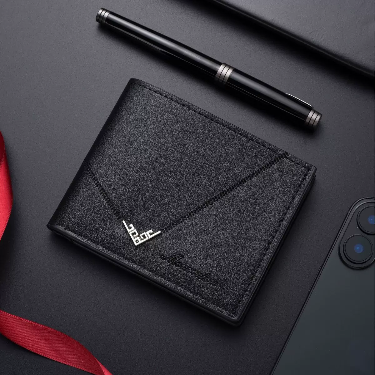 新款男士钱包男短款钱夹男青年时尚简约多卡位横款压印薄款皮夹