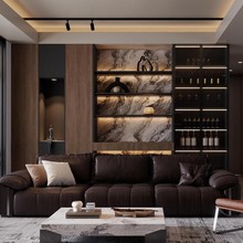 全屋设计意式轻奢风格酒柜芦花板衣柜一门到顶圆弧护墙玻璃餐边柜