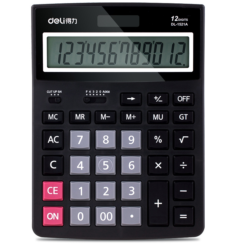 Deli calculadora 1521A computadora de escritorio de 12 dígitos llave grande pantalla grande negro solar fuente de alimentación dual