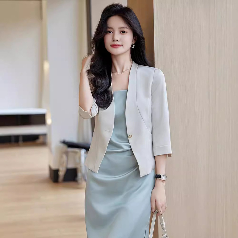 Satin White Suit Jacket Women's Summer Seven-point Sleeve Thin Elegant Collarless Suit Sling dress Two-piece Set