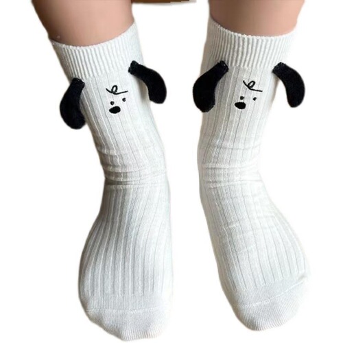 Super cute cartoon socks ins trendy versatile niche three-dimensional ears black and white puppy cotton socks white socks mid-calf women's socks