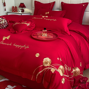 Wedding Festive Bedding Four-piece Wedding Cotton Cotton Bed Sheet Quilt Cover Big Red Happy New Wedding